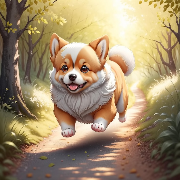 Cute and adorable little corgi running through the sunny forest Generative AI