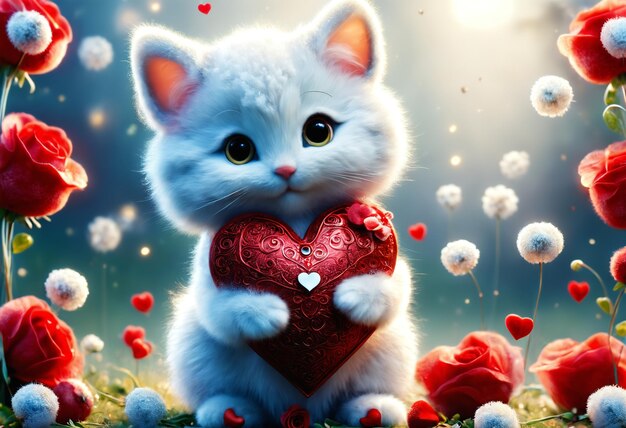 Cute and adorable little fluffy cat hold red heart Generative AI