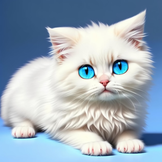 Cute and adorable little white kitten on blue background Generative AI