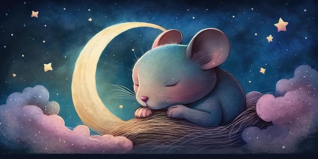 Foto un topo carino e adorabile dorme sotto il cielo notturno tra il cuscino delle stelle