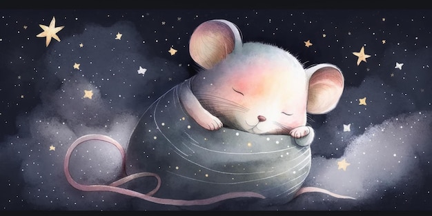 A cute and adorable mouse is sleeping under night sky between stars pillow