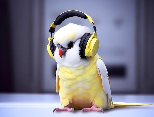 Cute and adorable parrot bird with earphone in head