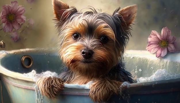 A cute and adorable picture of a dog taking a bath Generative AI