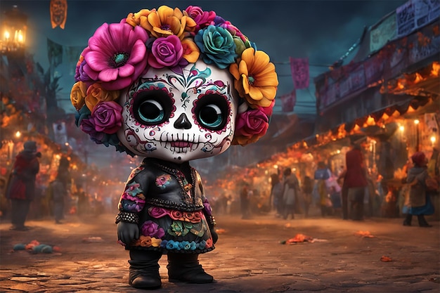 cute adorable plump chibi day of the dead character that is cute shy colorfulon city srteet