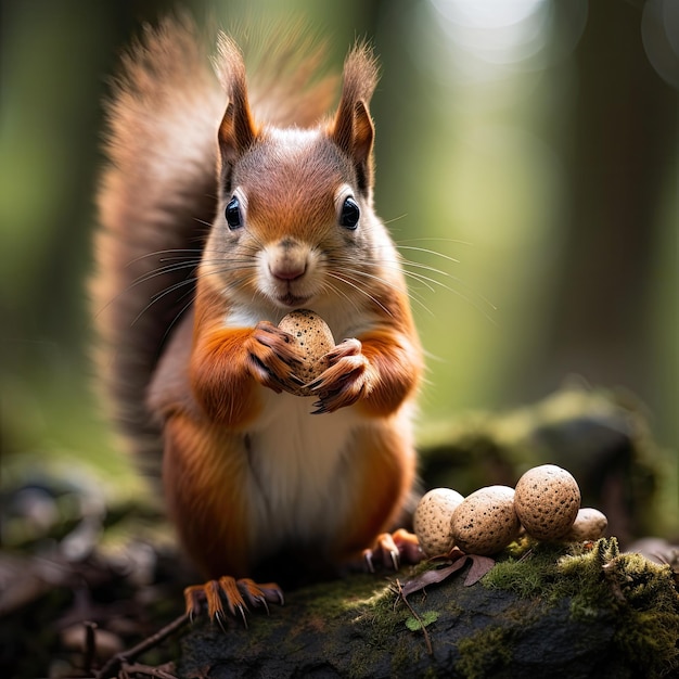 Foto un adorabile scoiattolo rosso seduto e che guarda direttamente la telecamera