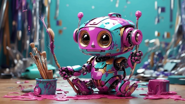 Милый очаровательный робот держит кисть в брызгах красочной краски, созданной ИИ