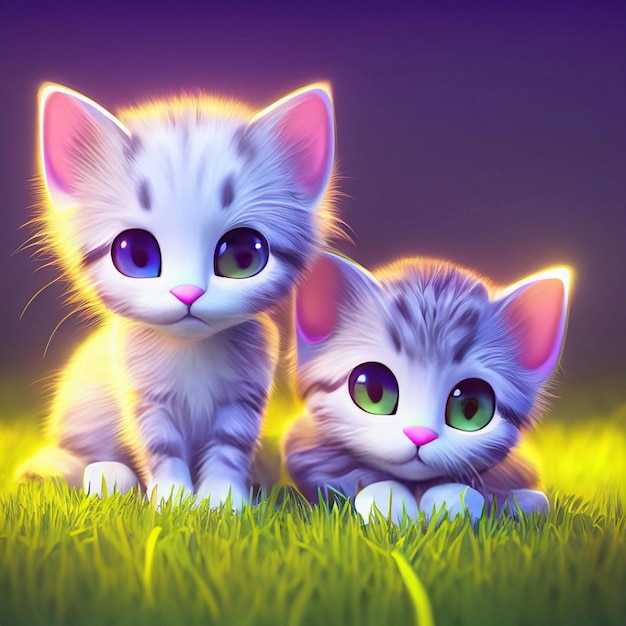 милые очаровательные два котенка отдыхают в траве