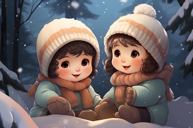 cute adorable two baby in the snow