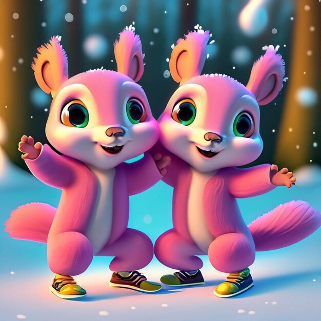 cute adorable two baby squirrels dancing in the snow in the forest rendered in the style of animated