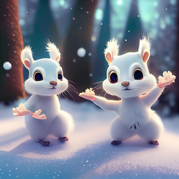 cute adorable two baby squirrels dancing in the snow in the forest rendered in the style of animated