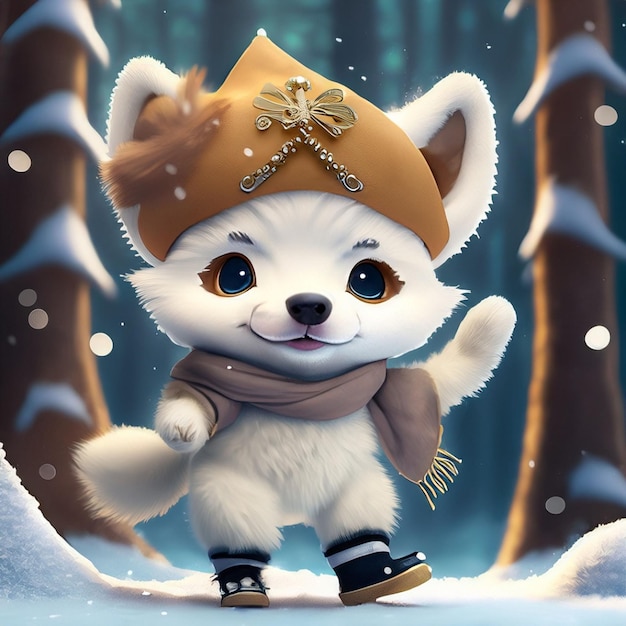 cute adorable two baby squirrels dancing in the snow in the forest rendered in the style of animated