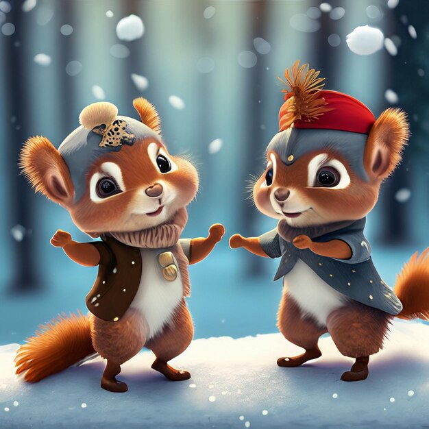 Cute adorable two baby squirrels dancing in the snow in the forest rendered in the style of animated