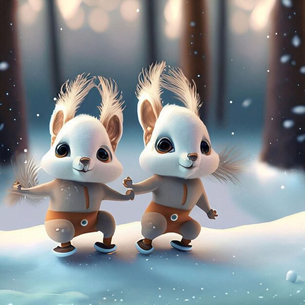 cute adorable two baby squirrels dancing in the snow in the forest rendered in the style of animated