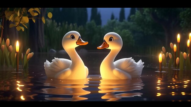 a cute adorable two baby swans by night with yellow light in nature rendered made by generative AI