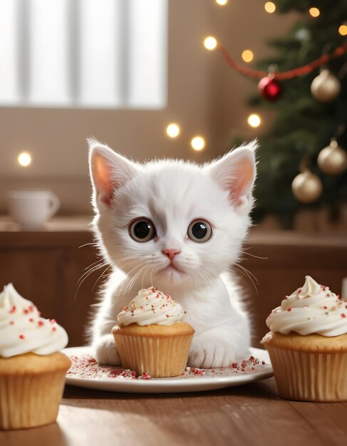 Foto un carino gattino bianco adorabile con occhi grandi con cupcakes