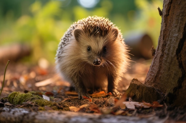 Cute adult hedgehog in summer or autumn forest Young beautiful hedgehog in natural habitat outdoors in nature
