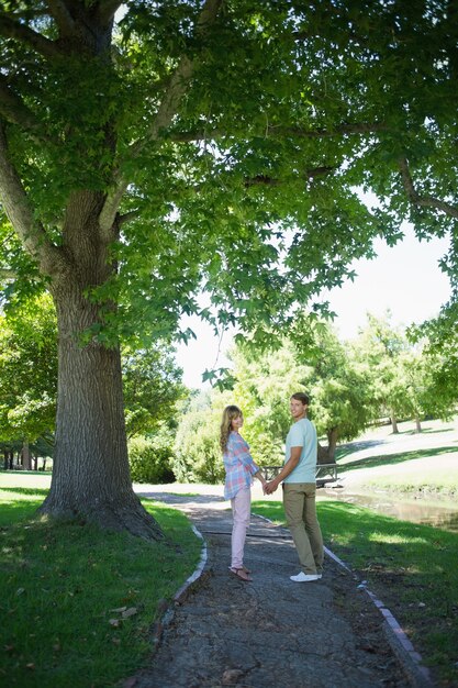 かわいい愛情のあるカップルは、公園で手を歩いて