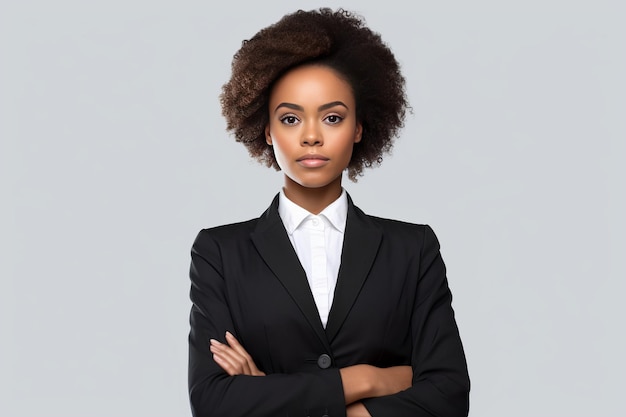 cute african american business woman in black suit and cross arms