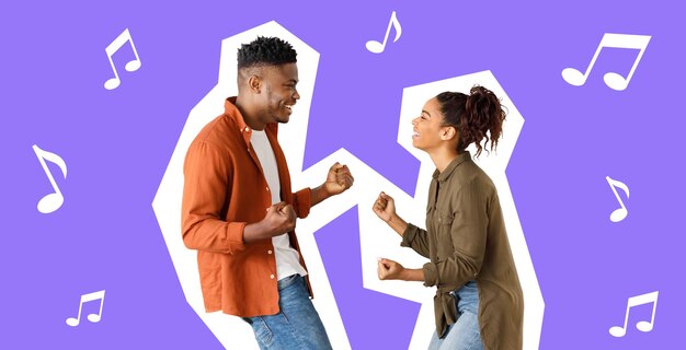 Cute african american couple in casual dancing collage