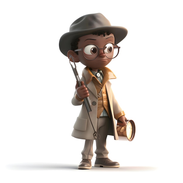 Cute African American detective with hat and glasses holding a spanner