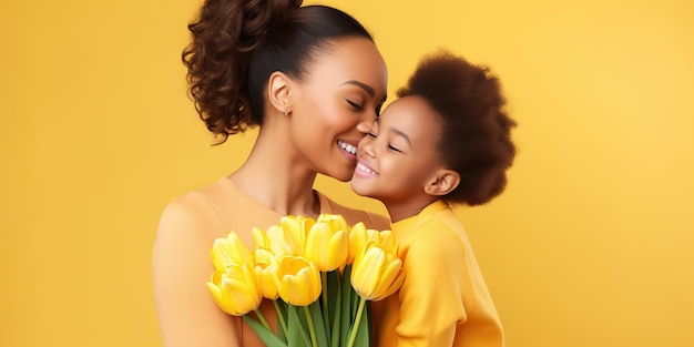 Cute African American girl kissing her mother on the cheek and giving a bouquet of yellow tulips