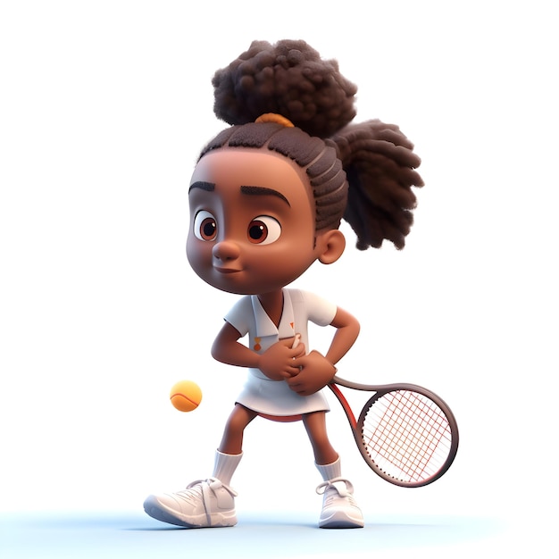 Cute african american girl playing tennis 3D Rendering