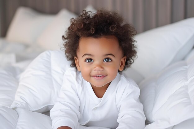 Photo cute african american kid is sitting at home in a bed with white linens