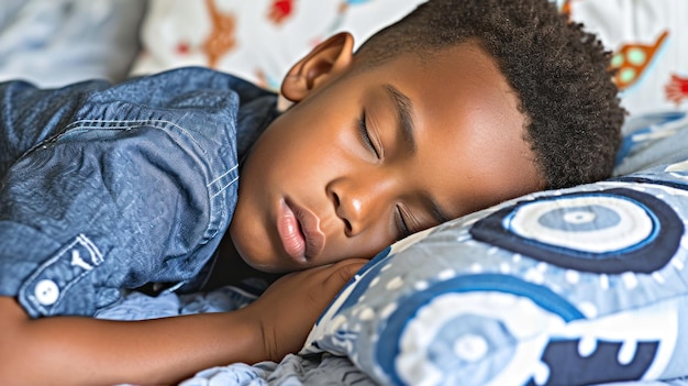 Photo cute african american little boy sleeping in his nice warm bed in the morning