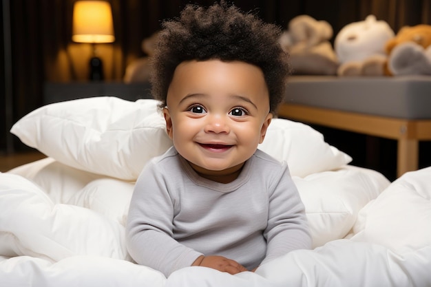 A cute African American toddler on a bed