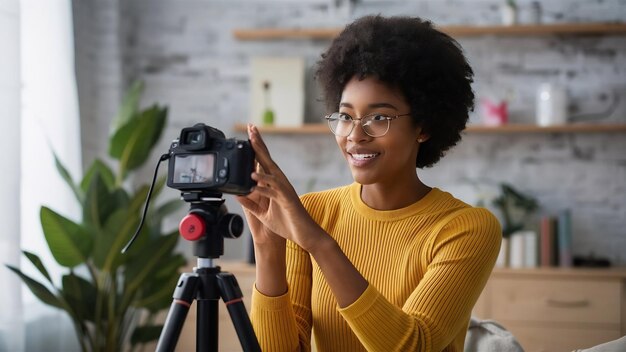 Милая афроамериканка снимает видео для своего блога с помощью цифровой камеры, установленной на штативе.