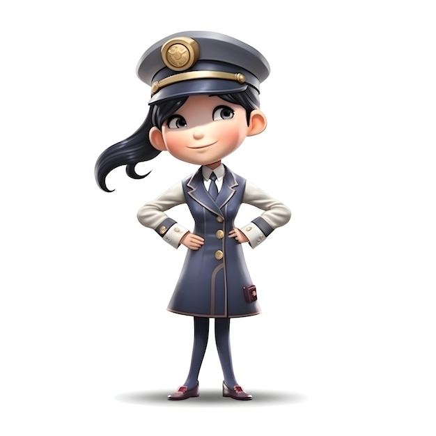 A cute air hostess with a pilot cap and uniform on white background