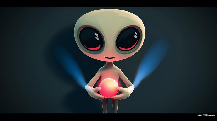 फोटो cute alien holding red sphere with glowing blue hands