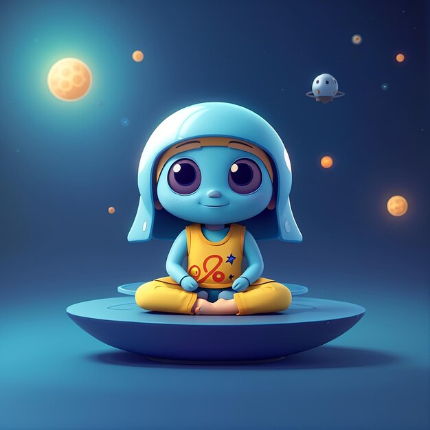 Photo cute alien meditation yoga cartoon vector icon illustration science technology icon concept isolated premium vector flat cartoon style