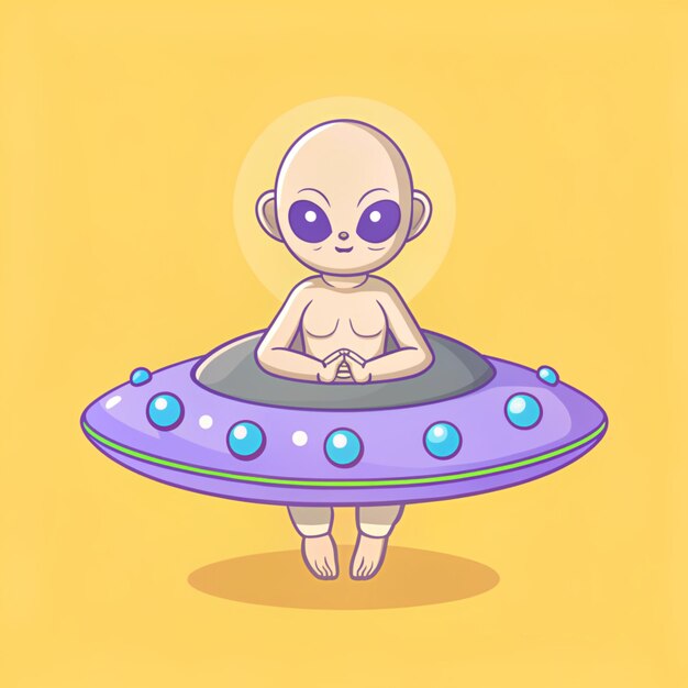 Photo cute alien meditation yoga on ufo cartoon vector icon illustration science sport icon concept isolated premium vector flat cartoon style