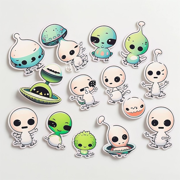 Cute alien stickers on white background