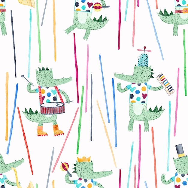 Cute alligators with musical instruments. Watercolor seamless pattern. Creative childish background for fabric, textile, nursery wallpaper.