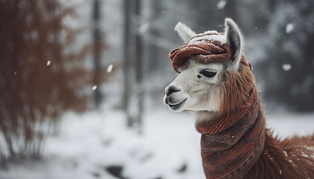 Cute alpaca braves winter smiles for camera generated by AI