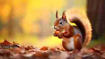 Photo cute american red squirrel in autumn golden light eating acorn