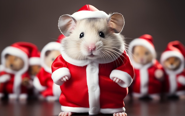 写真 サンタクロースの衣装を着た可愛くて面白い動物 コピースペースのあるクリスマス動物の背景