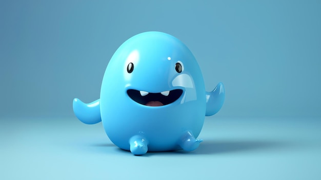 Фото Милое и смешное синее существо улыбается и сидит на синем фоне 3d-рендеринг