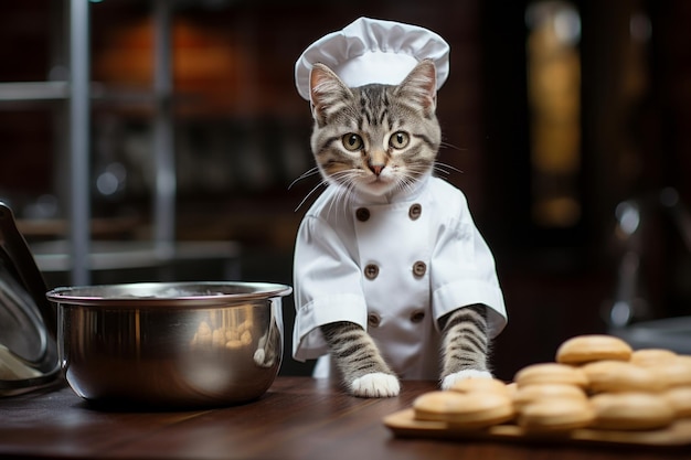 写真 キッチンで動物のための栄養価の高い食事を熟練して準備する可愛くて邪悪な猫のシェフ