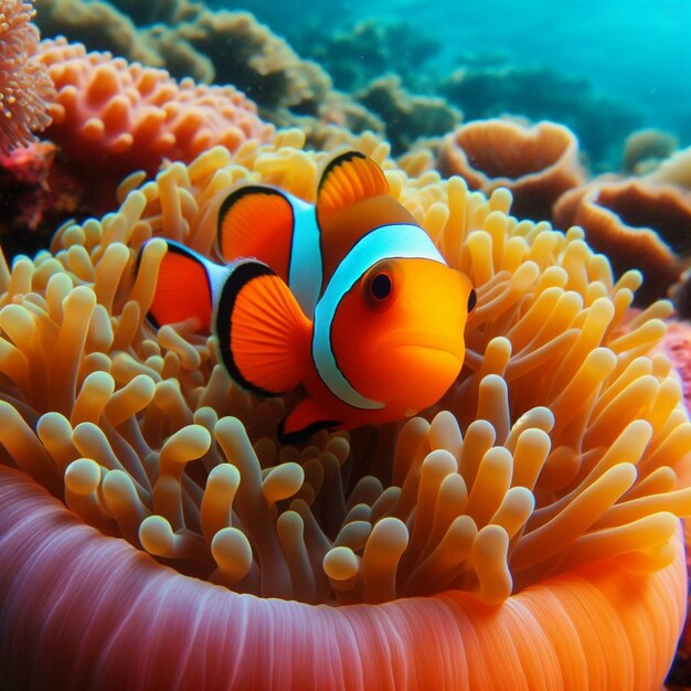 Photo cute anemone fish playing on the coral reef beautiful color clownfish on coral feefs