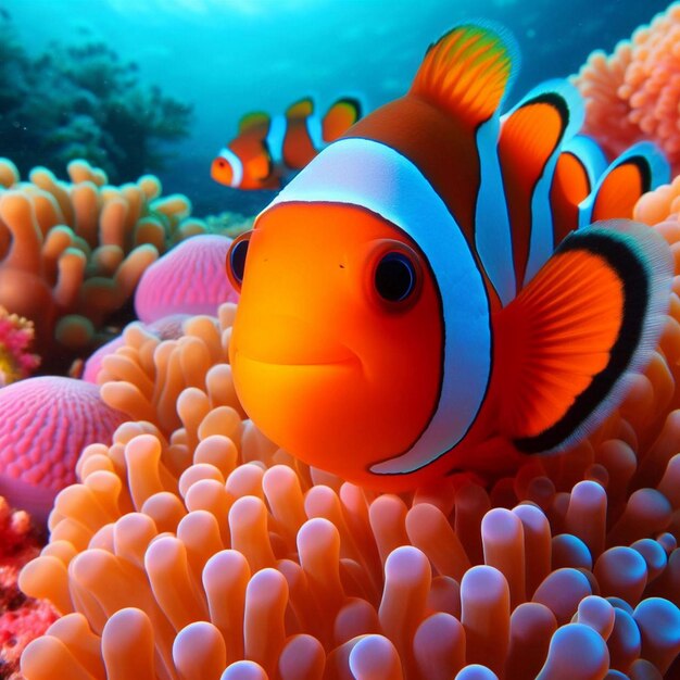 Cute anemone fish playing on the coral reef beautiful color clownfish on coral feefs