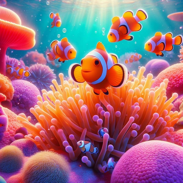 Foto carino pesce anemone che gioca sulla barriera corallina bellissimo pesce pagliaccio colorato sulle foglie di corallo