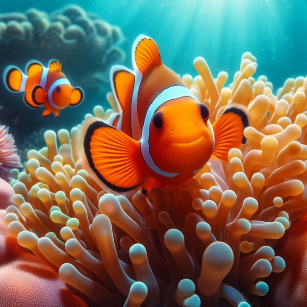 サンゴ礁で遊ぶ可愛いアネモーン魚サンゴ礁のフェイフで遊ぶ美しい色のピエロ魚