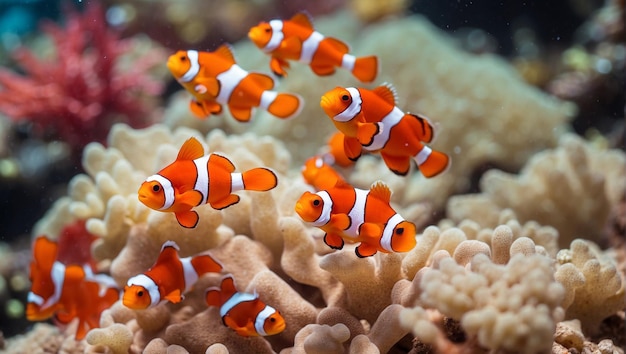 Фото Милая рыбка-анемона играет на коралловом рифе.