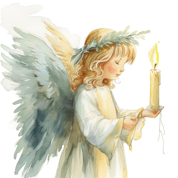 cute angel with a candle childrens book illustration style on white background