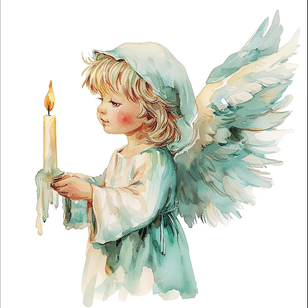 cute angel with a candle childrens book illustration style on white background