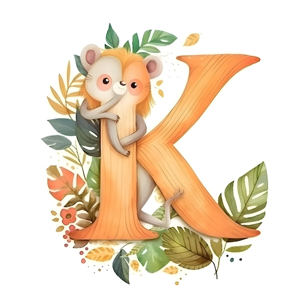 Cute animal alphabet letter k watercolor hand drawn cartoon illustration