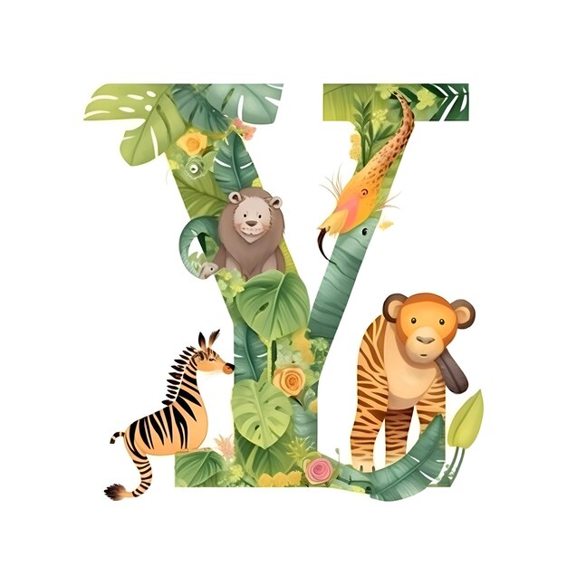 Photo cute animal alphabet letter y with jungle animals vector illustration